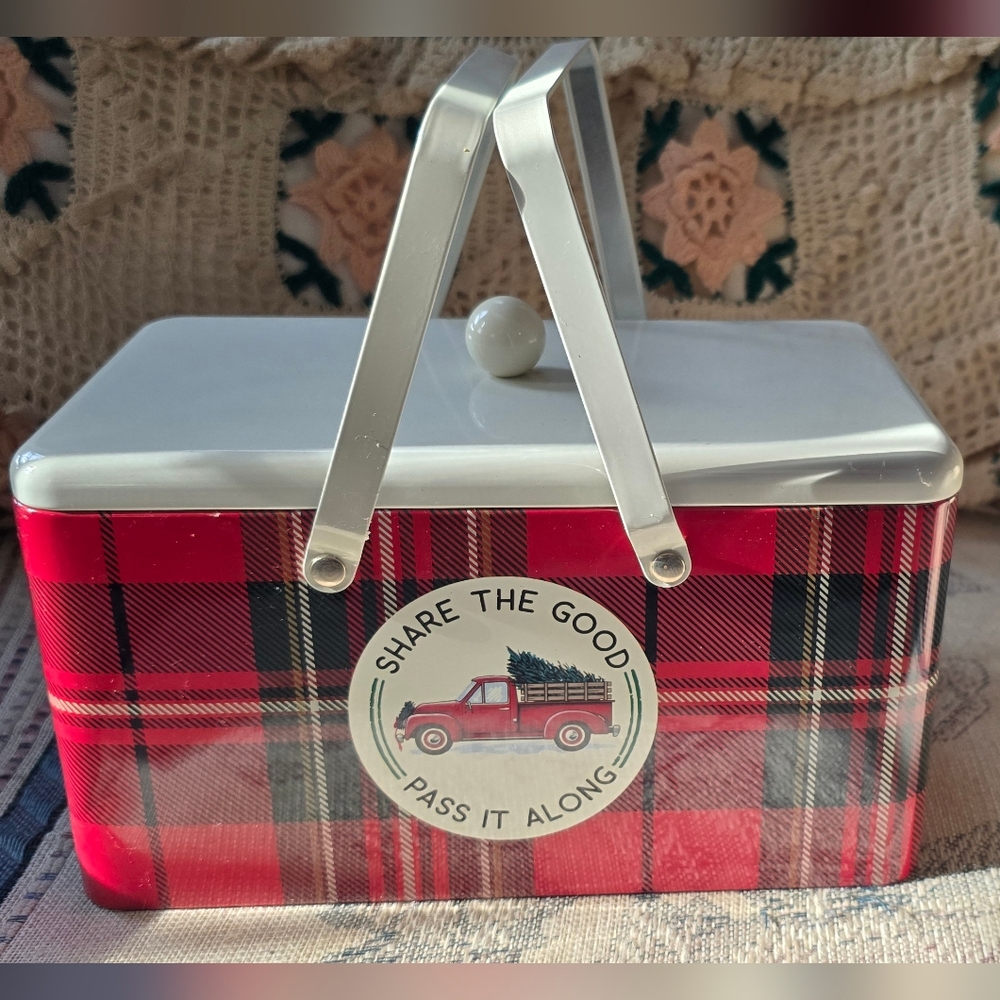 Hallmark Red Plaid Holiday Tin Basket with Vintage Truck